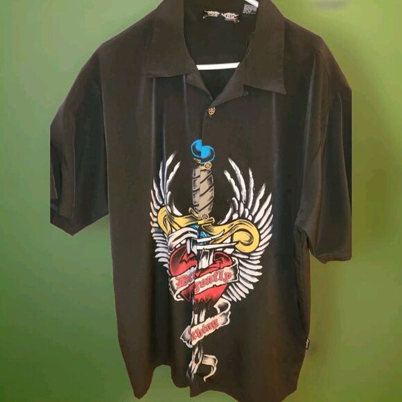 Vintage Dragonfly "Knife through Heart" Button Up Shirt Sz XL Black - Picture 1 of 6